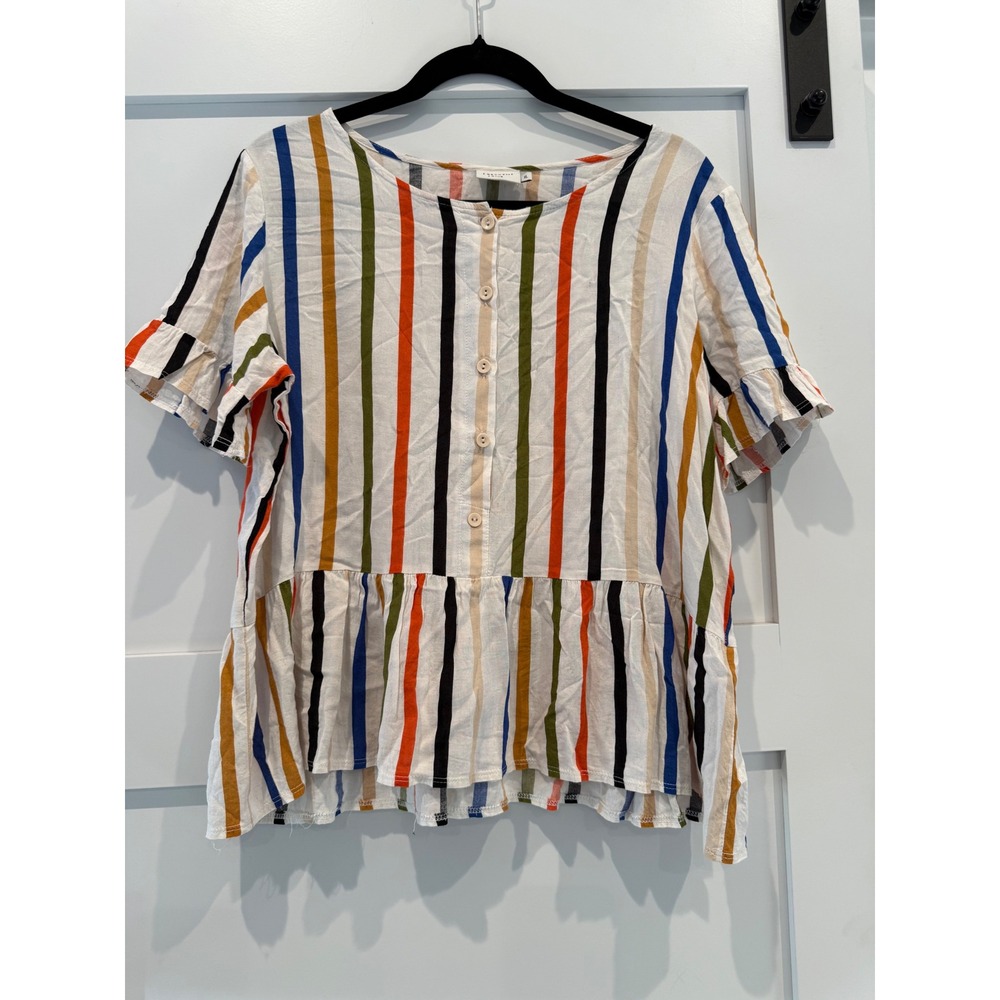 Crescent Drive Multi Color Striped Peplum Top Rayon Linen Blend XL